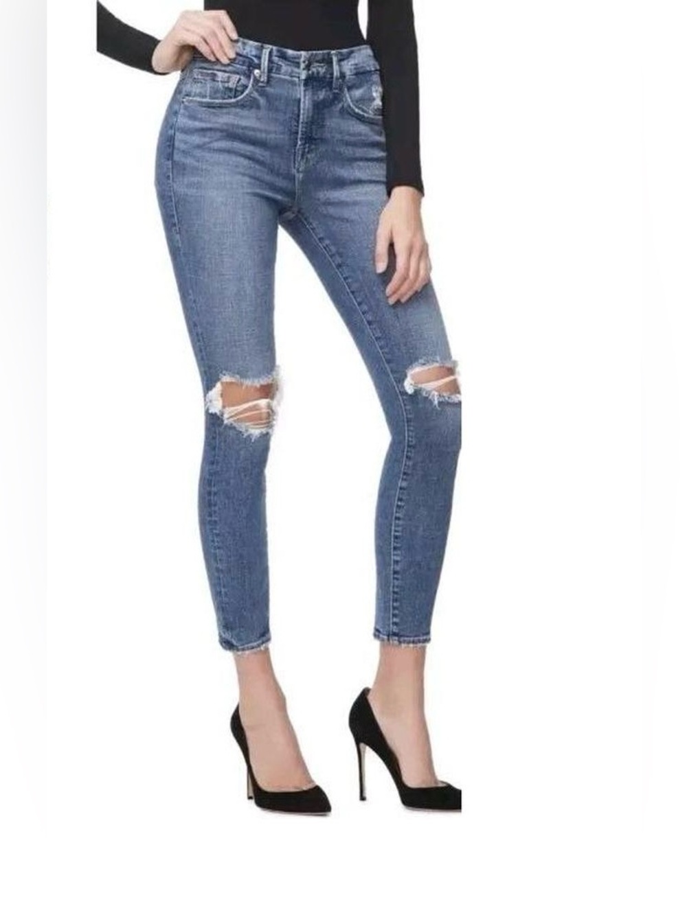 NWT Good American Good Leg Distressed High-Rise Skinny Jeans (14/32”)
